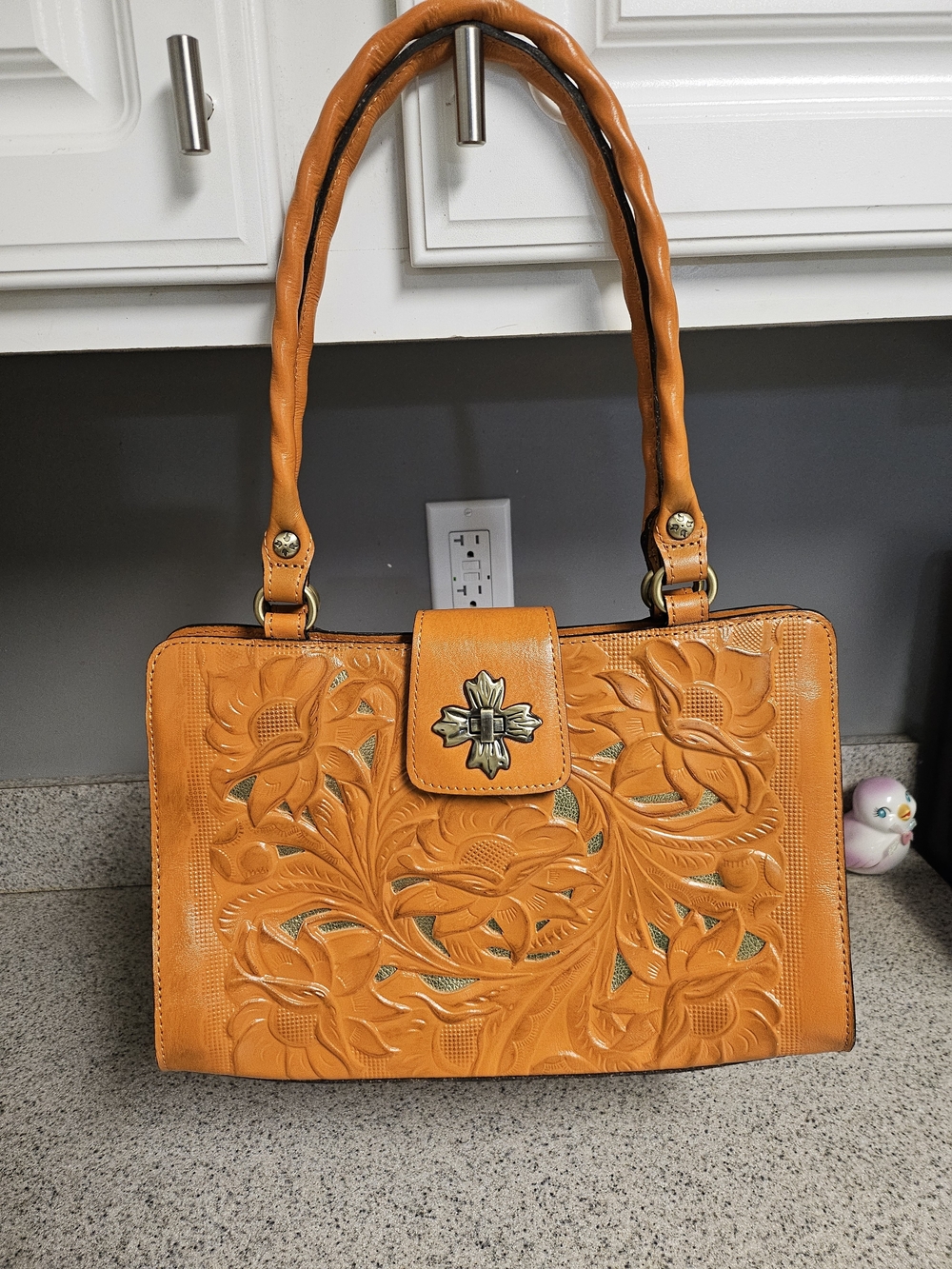 Patricia Nash Orange Floral Tooled Leather Shoulder Bag